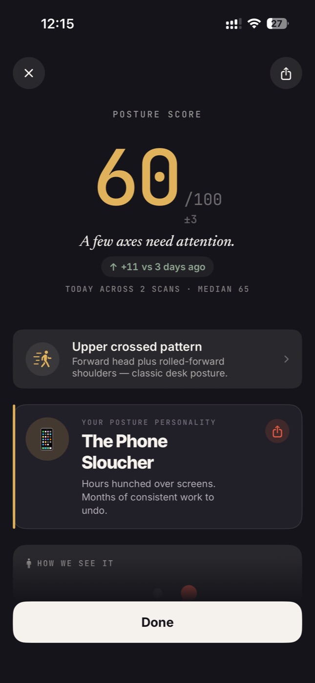Stoop today screen with posture score and the day's adaptive routine