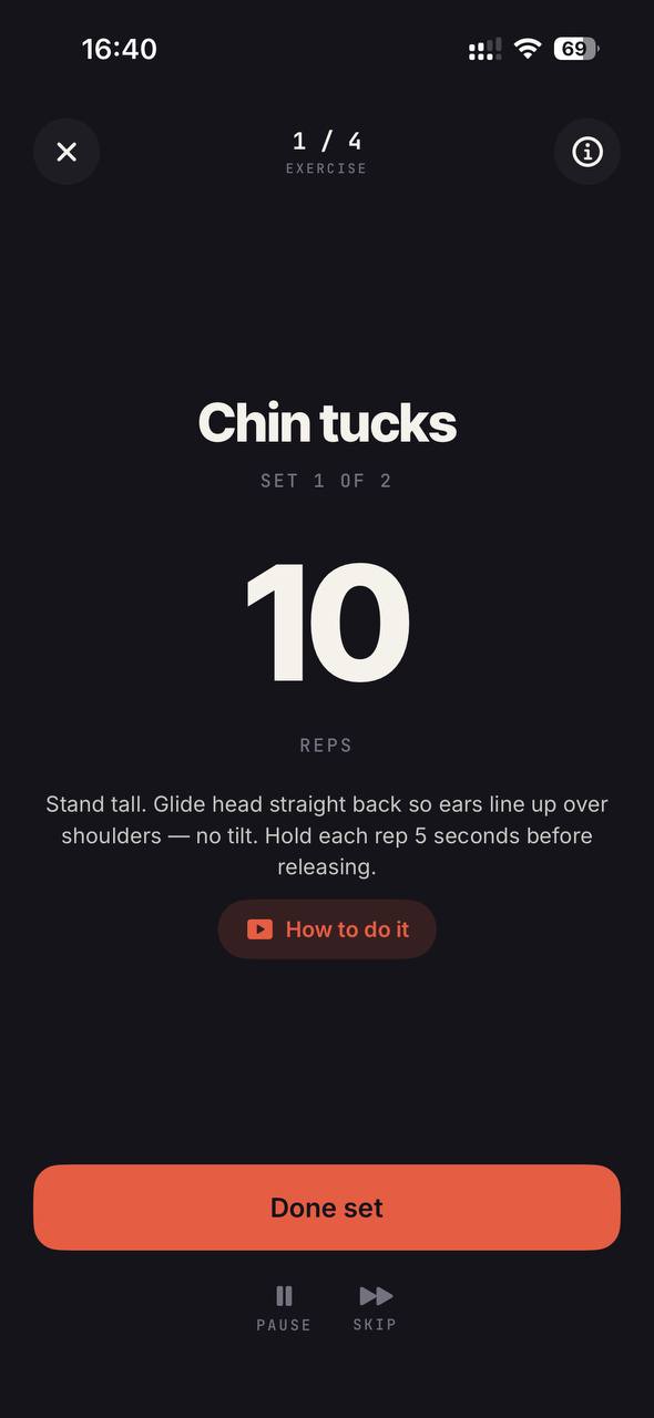 Exercise player showing Chin tucks with rep count